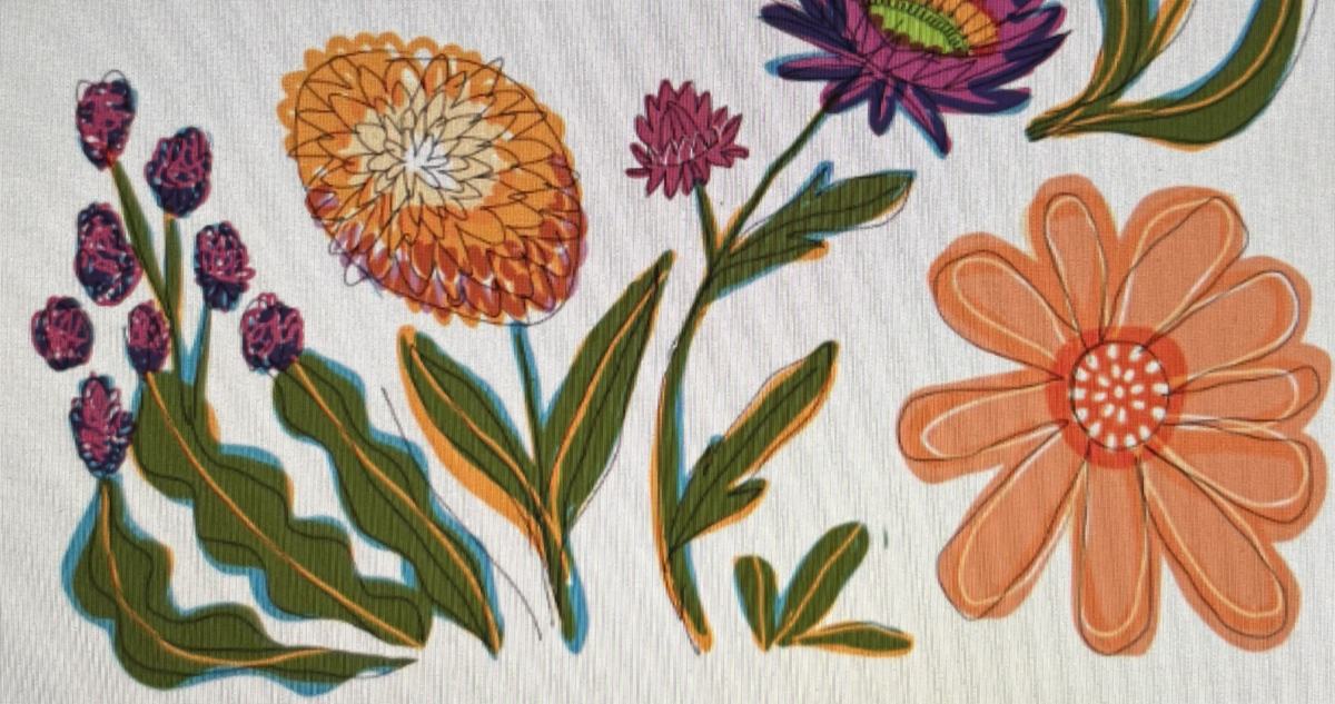 Illustration of marigolds, an aster, clover, and lavender in orange, coral, magenta, and green.